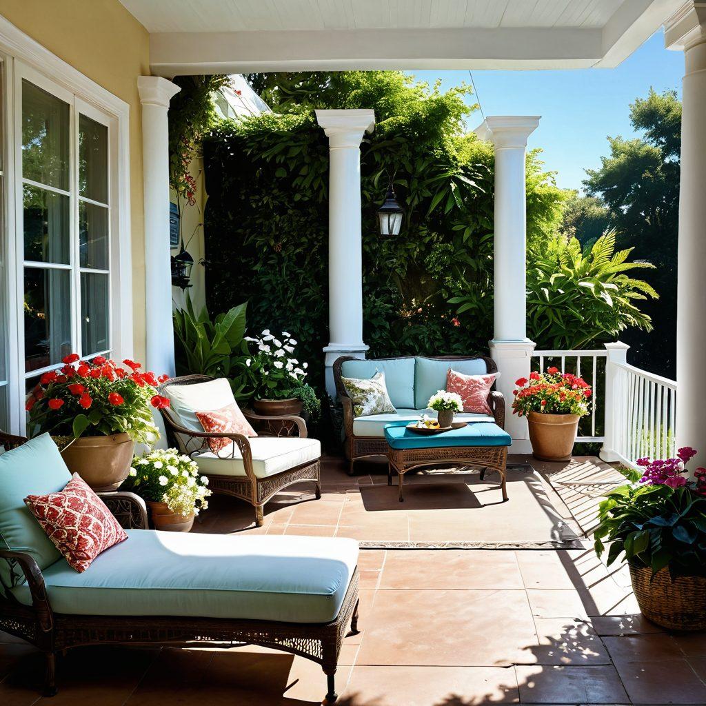 A cozy vacation home surrounded by lush greenery, with a sun-drenched porch featuring wicker furniture and vibrant cushions. Soft white curtains flutter in the breeze, while potted flowers add pops of color. A tranquil garden with a small water fountain invites relaxation, and a clear blue sky fills the background. super-realistic. vibrant colors. serene atmosphere.