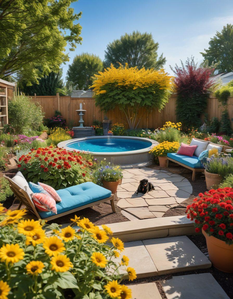 A vibrant backyard transformed into a summer retreat, showcasing a family enjoying activities like gardening, playing, and relaxing. Include bright flowers, a cozy seating area with colorful cushions, a small fountain, and kids playing with a small dog. A clear blue sky and sunflowers surrounding the scene to emphasize wellness and joy. super-realistic. vibrant colors. natural light.