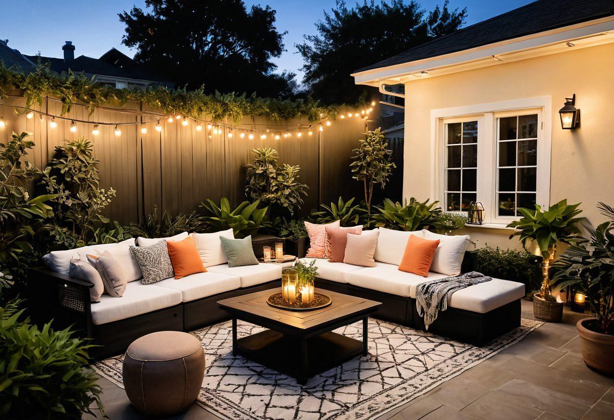 A serene outdoor living space featuring a stylish patio with comfortable seating, elegant string lights overhead, and lush greenery surrounding the area. Include a chic coffee table adorned with decorative elements like candles and plants. The scene should convey a sense of relaxation and sophistication, inviting viewers to unwind. Capture a sunset in the background for a warm atmosphere. super-realistic. vibrant colors. 3D.